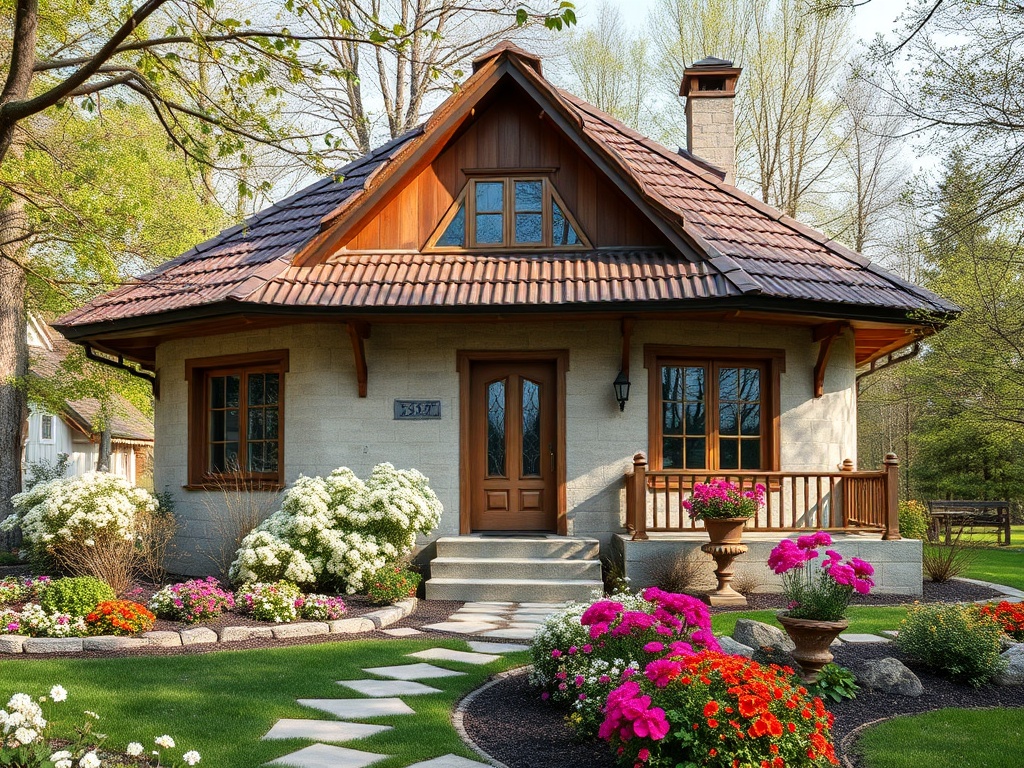 Красивая загородная дом с цветами и зеленым лужайкой на фоне деревьев, солнечный весенний день.