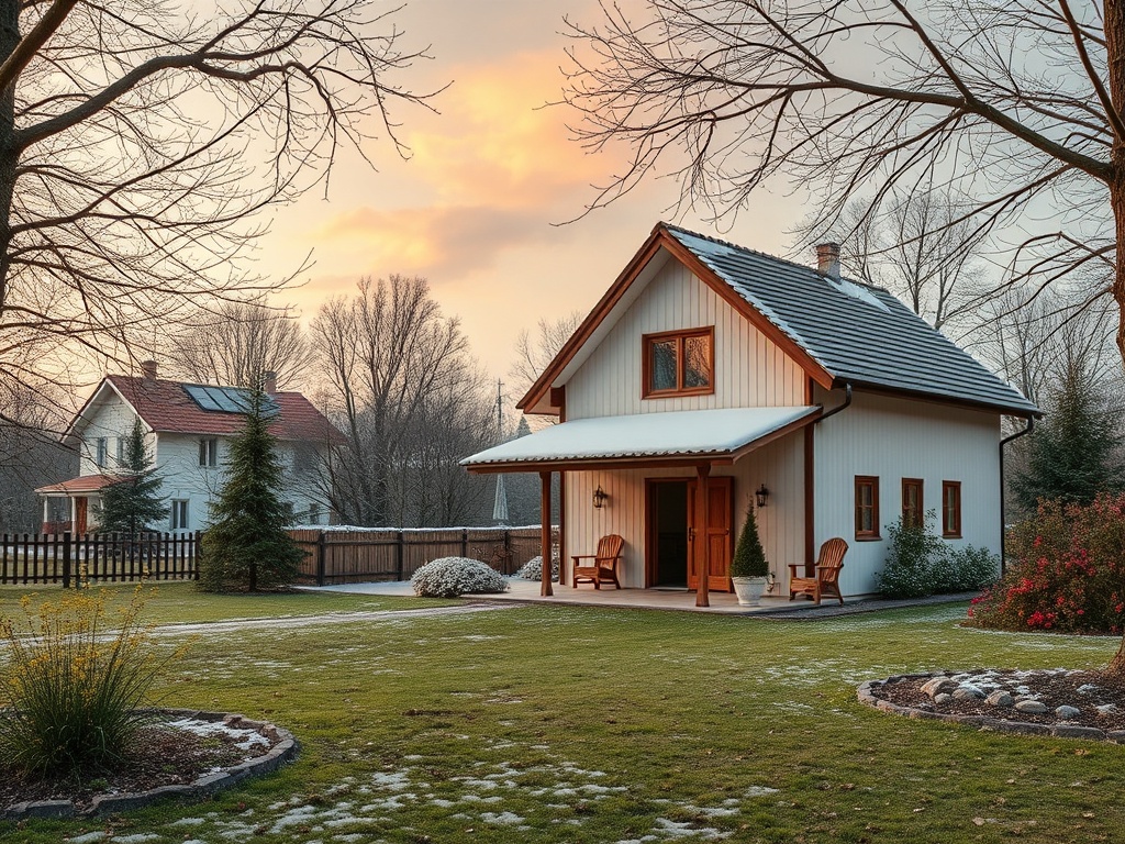 Уютный дом на фоне заката, окруженный деревьями и ухоженным газоном, с яркими цветами в саду.