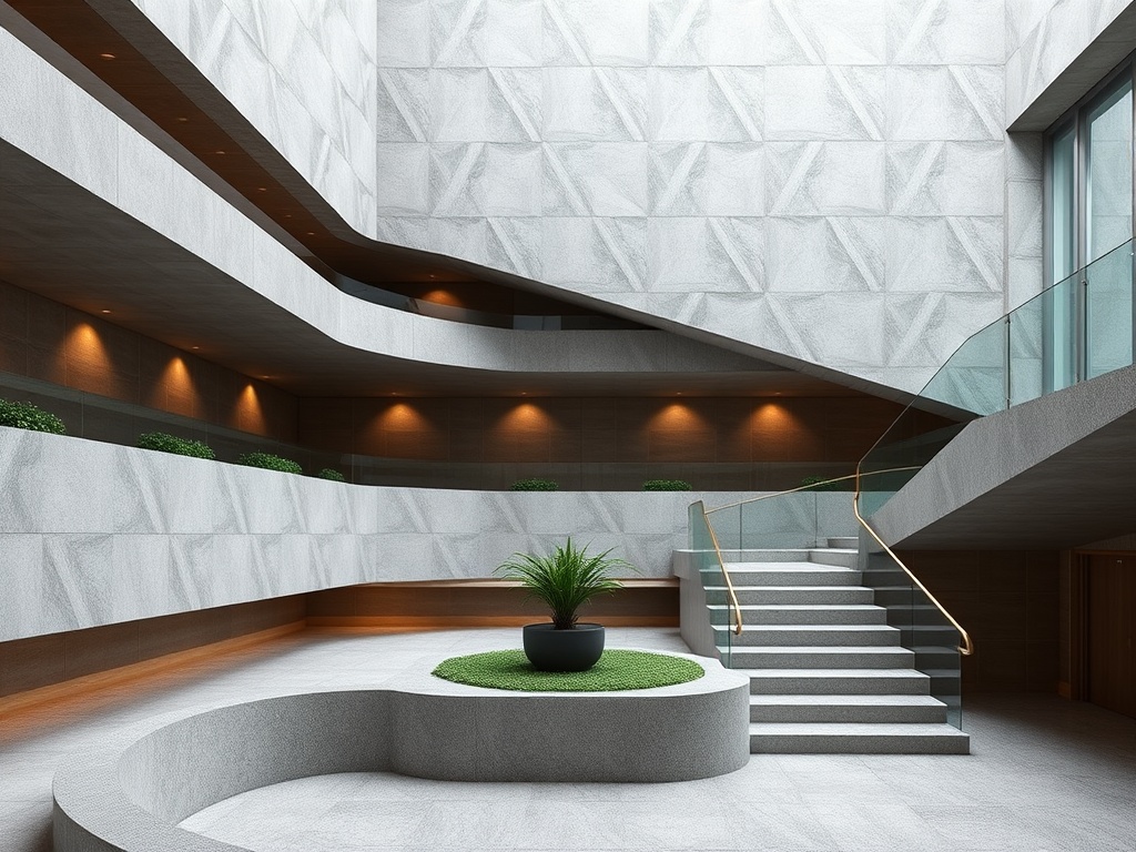 Современный интерьер с изогнутыми стенами, лестницей и зелеными растениями в простом стиле.