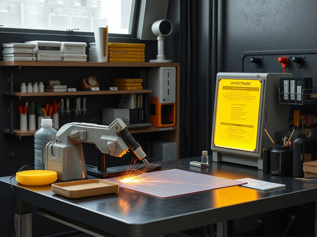 Рабочий стол с лазерным резаком, материалами и оргтехникой на фоне офисного пространства.