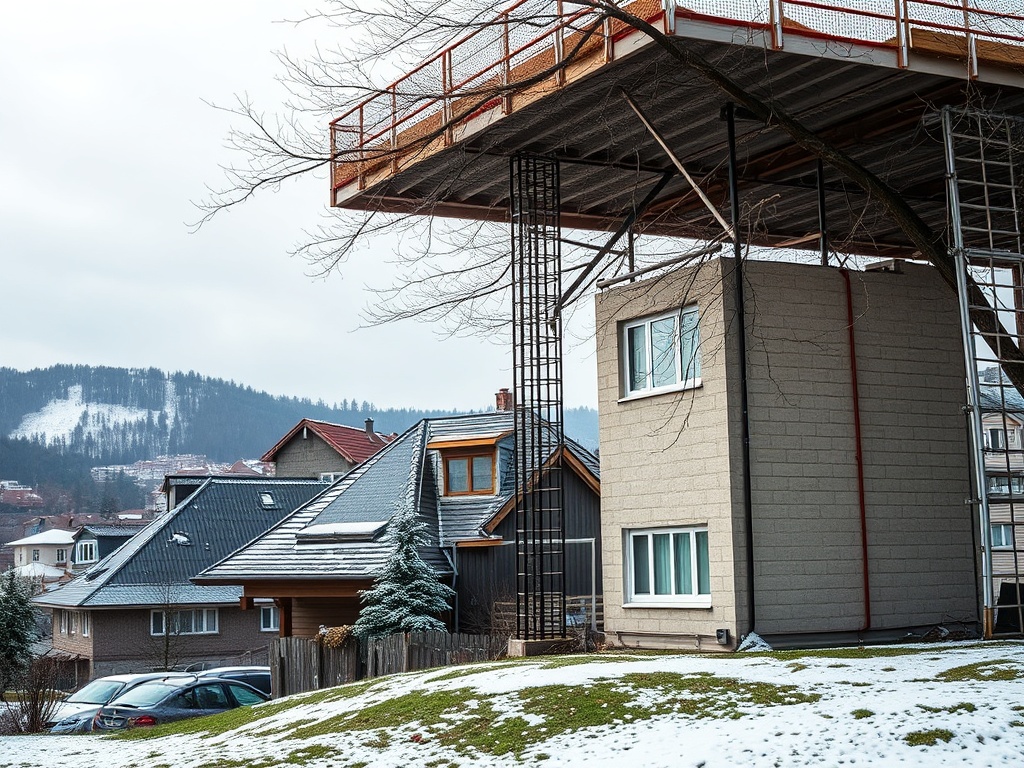 На изображении видны дома в зимнем пейзаже. Один из домов находится на подъемной конструкции.