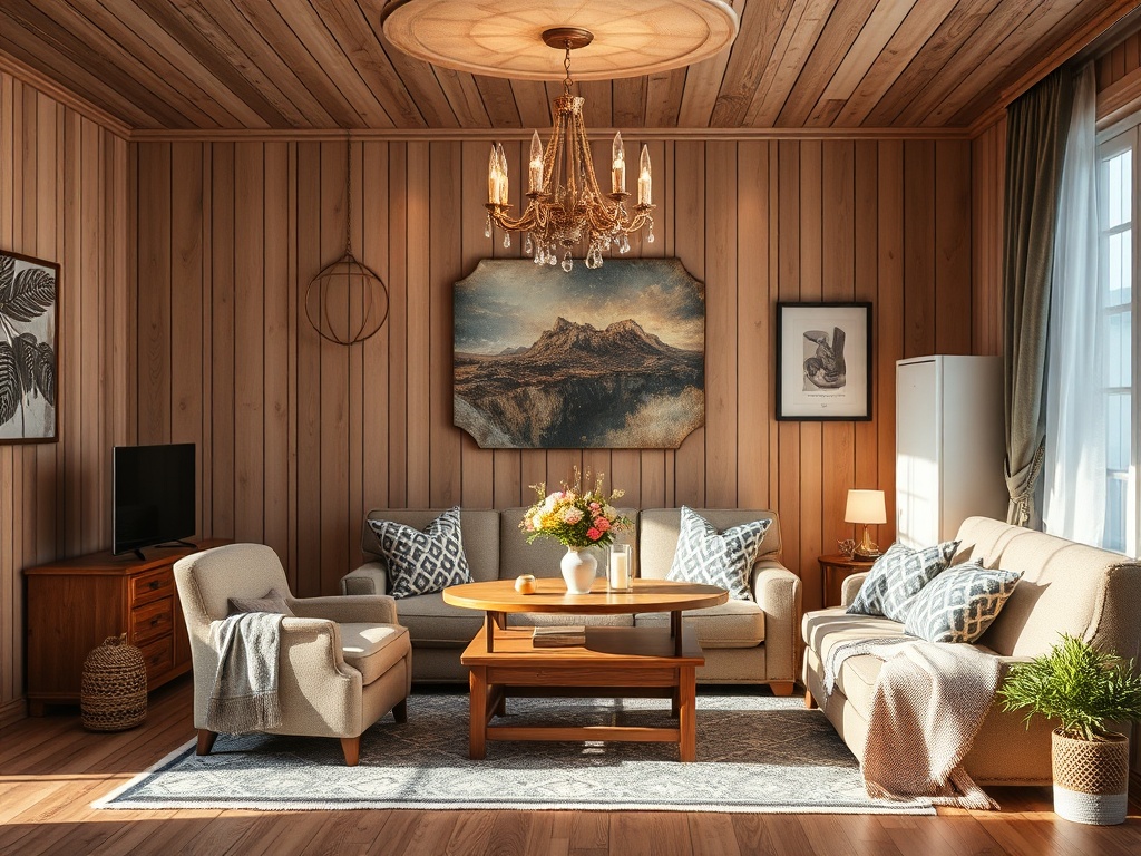 Уютная гостиная с деревянными стенами, мягкой мебелью и живыми цветами на столе. Светлая и стильная обстановка.
