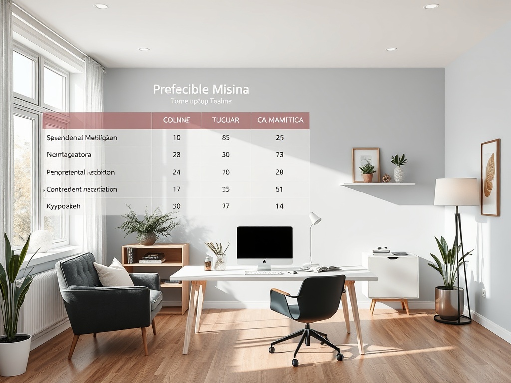 Современный офис с таблицей данных на стене и стильной мебелью. Светлое пространство с растениями.