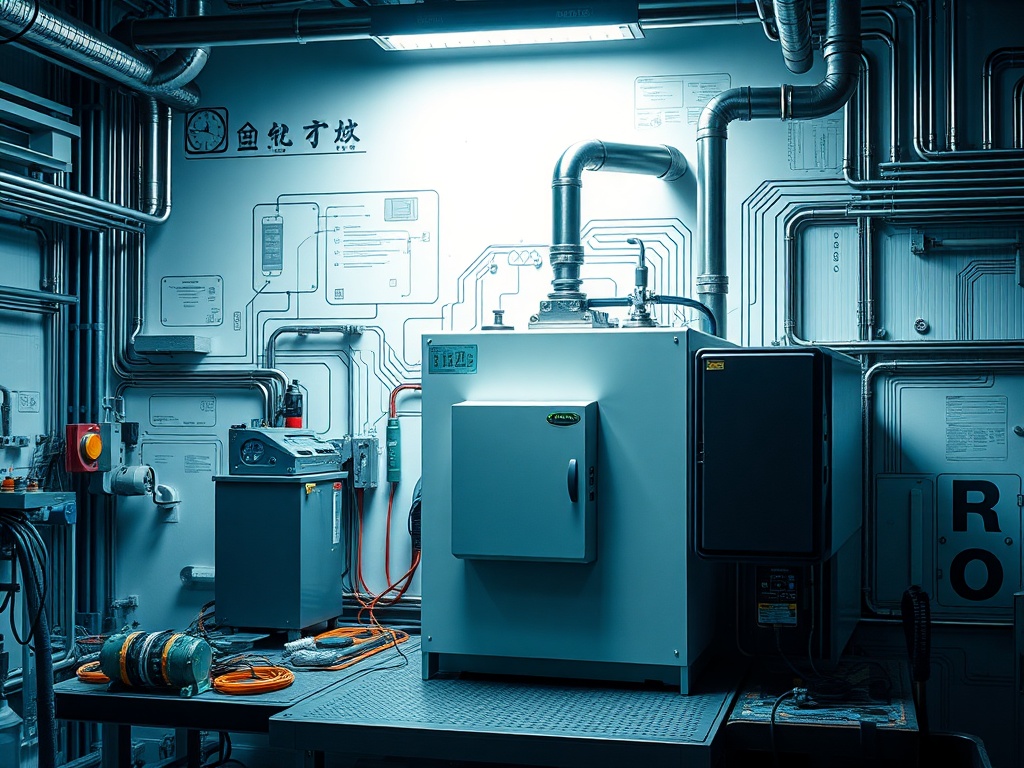 Внутри помещения с оборудованием и трубами: голубое освещение, машины и электрические соединения.