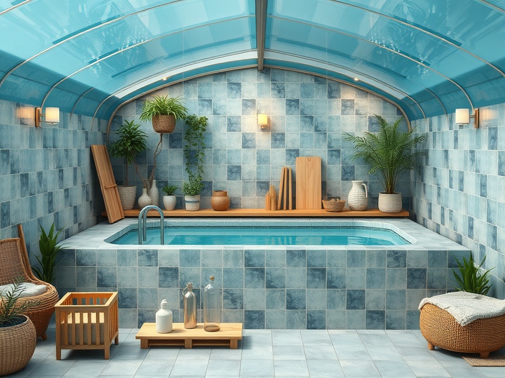 Современная ванная комната с бассейном, зелеными растениями и уютной атмосферой. Стены отделаны плиткой.