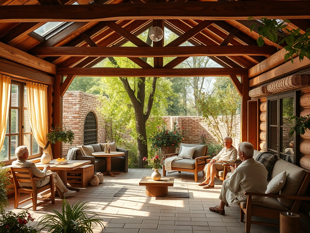 Уютная веранда с деревянными аксессуарами, где сидят пожилые люди, наслаждаясь временем в спокойной обстановке.