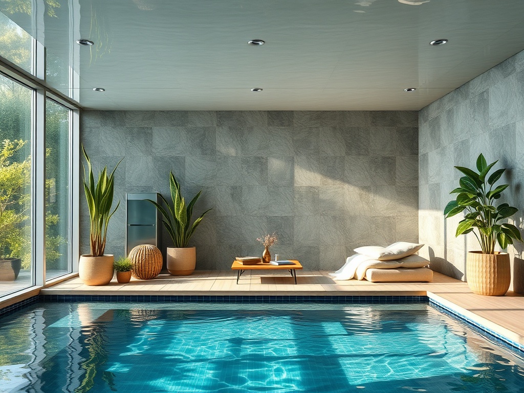 Современный интерьер с бассейном, зелеными растениями и уютной зоной для отдыха у окна.