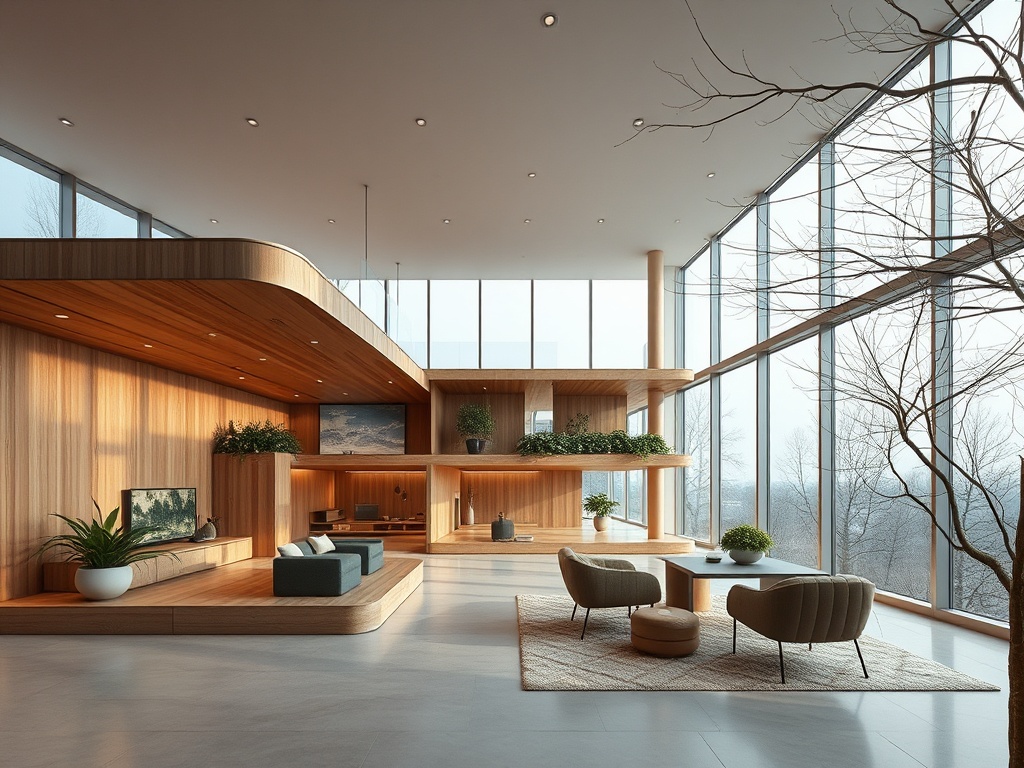 Современный светлый интерьер с деревянными элементами, большими окнами и зелеными растениями.