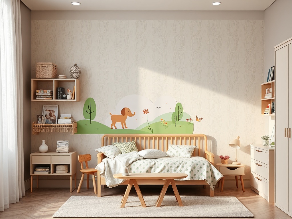 Светлая комната с деревянной мебелью, рисунком собаки на стене и зелеными растениями. Уютная атмосфера.