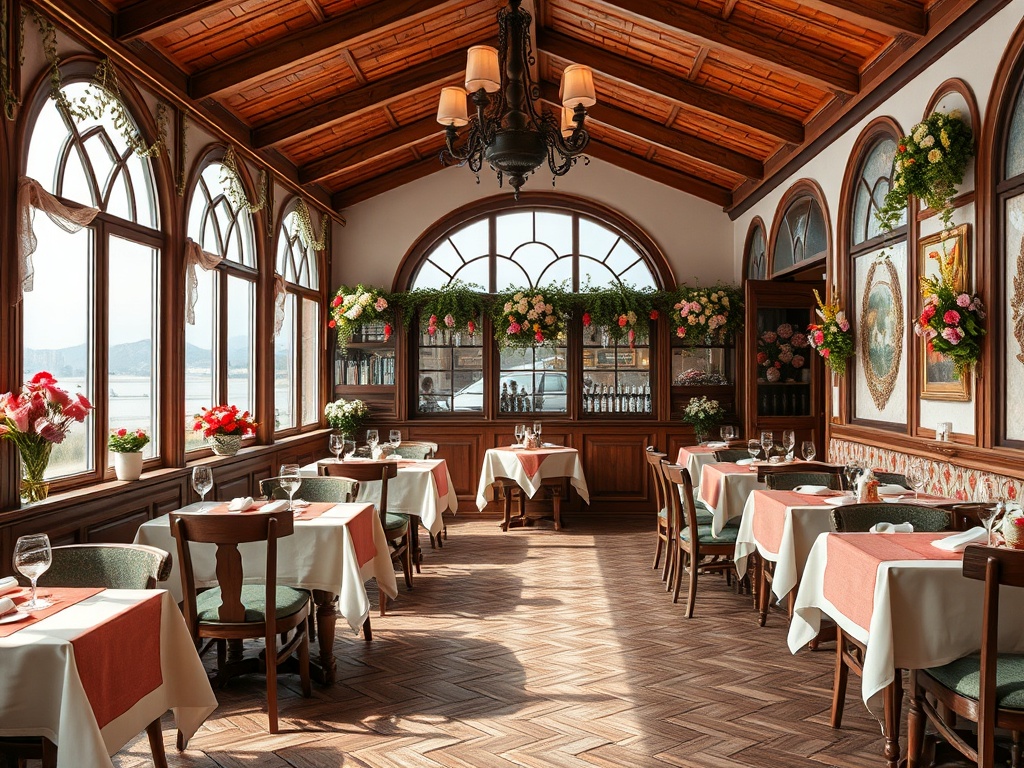 Элегантный ресторан с уютной атмосферой, большими окнами и цветочными композициями на столах.