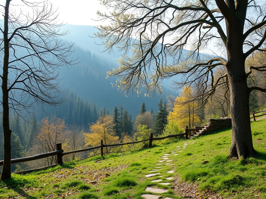 Уютная лесная тропинка ведет через зеленое побережье к горным склонам, окруженным осенними деревьями.
