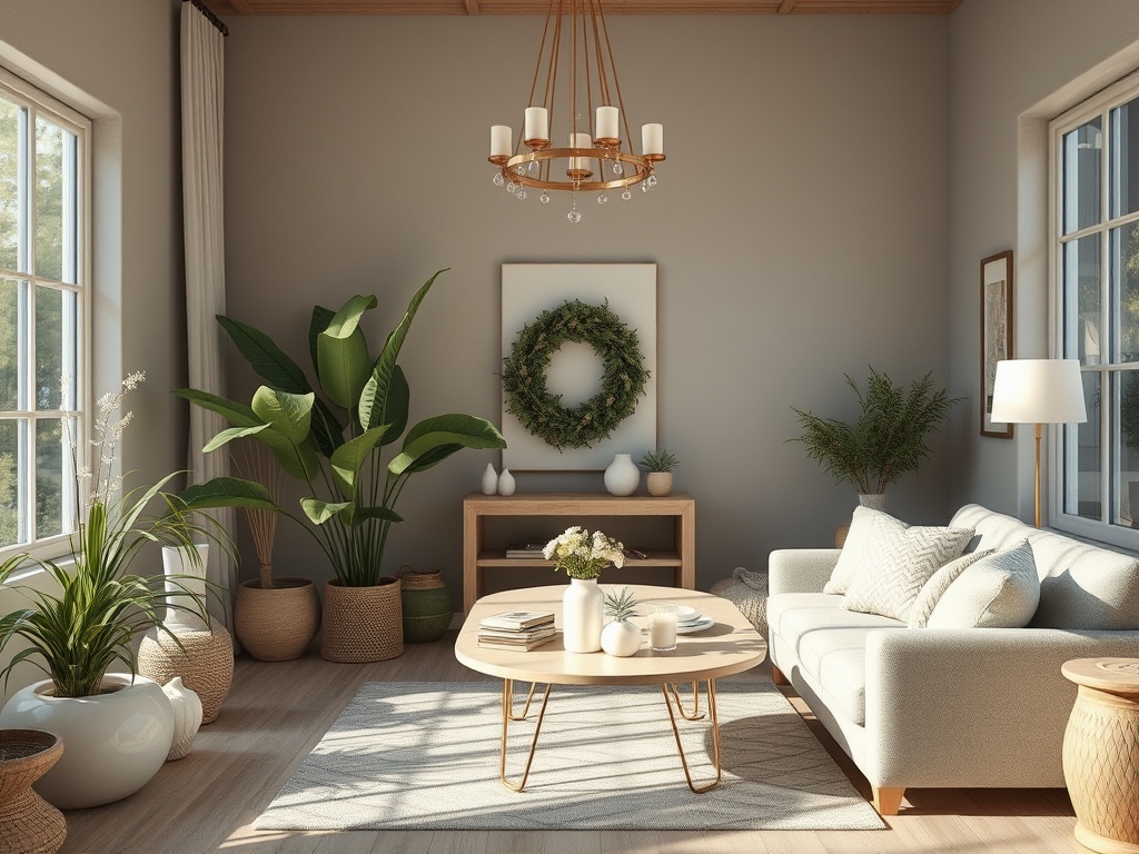 Светлая гостиная с диваном, круглыми столом, зелеными растениями и декоративными элементами.