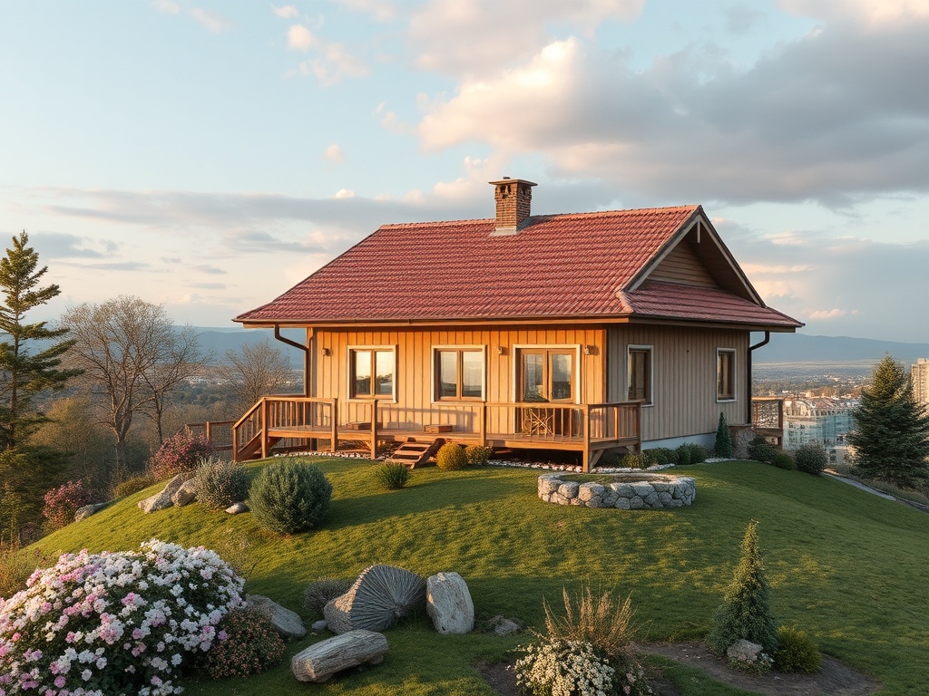 Уютный деревянный дом с террасой на фоне живописного пейзажа и цветущих кустов.