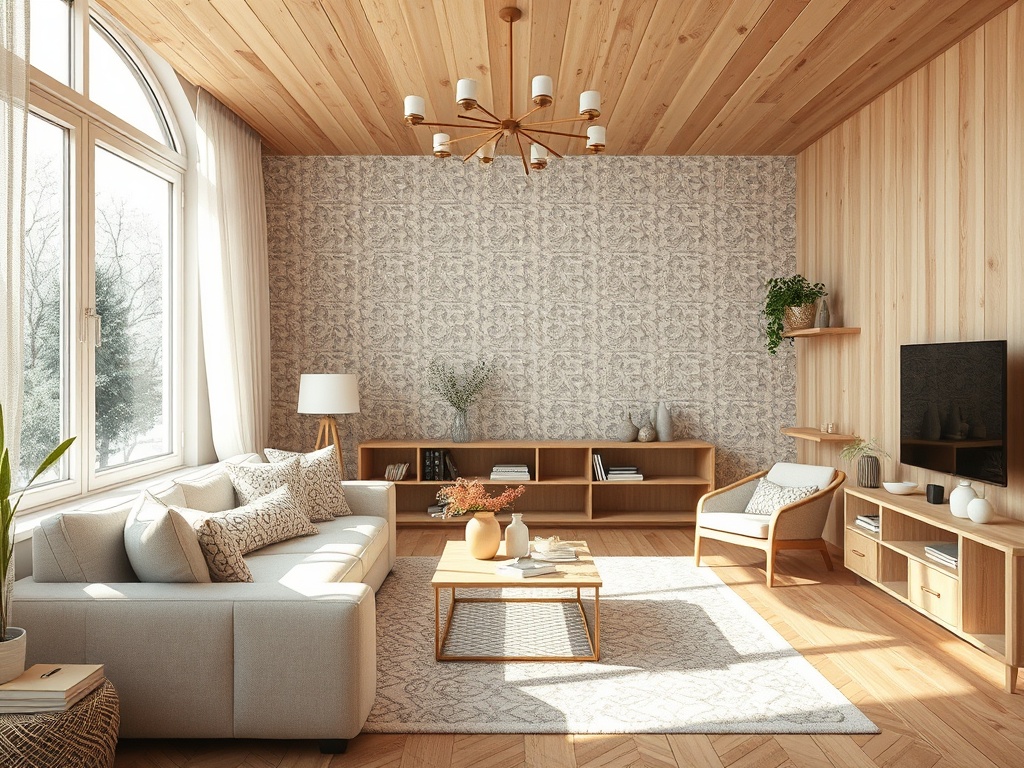 Светлая гостиная с деревянным потолком, уютной мебелью и большими окнами, пропускающими солнечный свет.