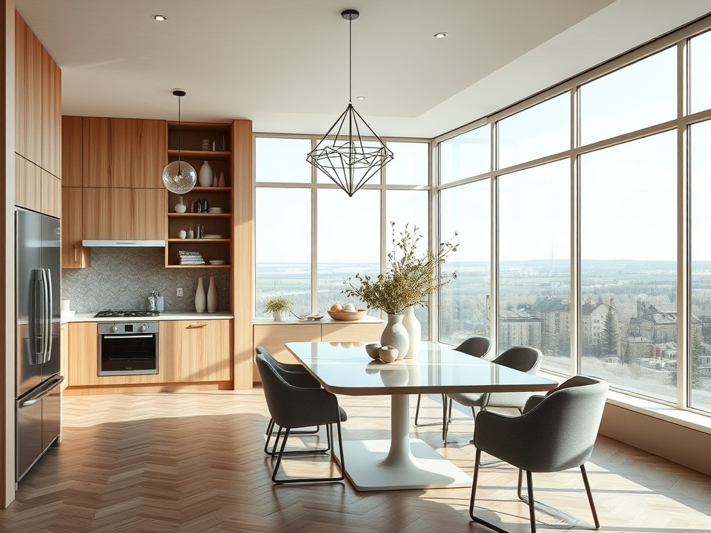 Современная кухня с большими окнами, обеденный стол и стильные стулья, уютный интерьер с деревянными элементами.