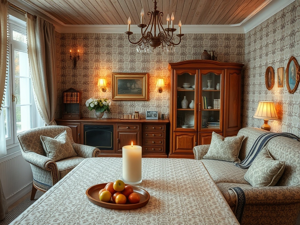 Светлая комната с деревянной мебелью, столом с фруктами и мягким диваном, оформленная в уютном стиле.