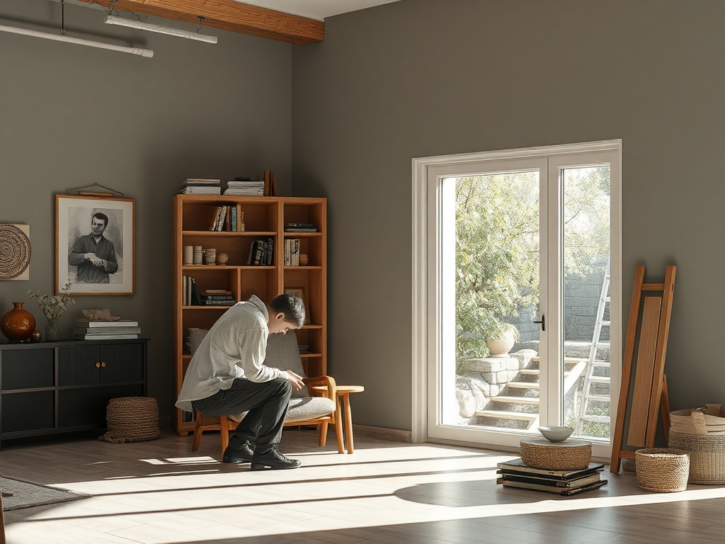 В светлой комнате человек сидит на стуле, задумчиво смотрит вниз, рядом книжный шкаф и двери на улицу.