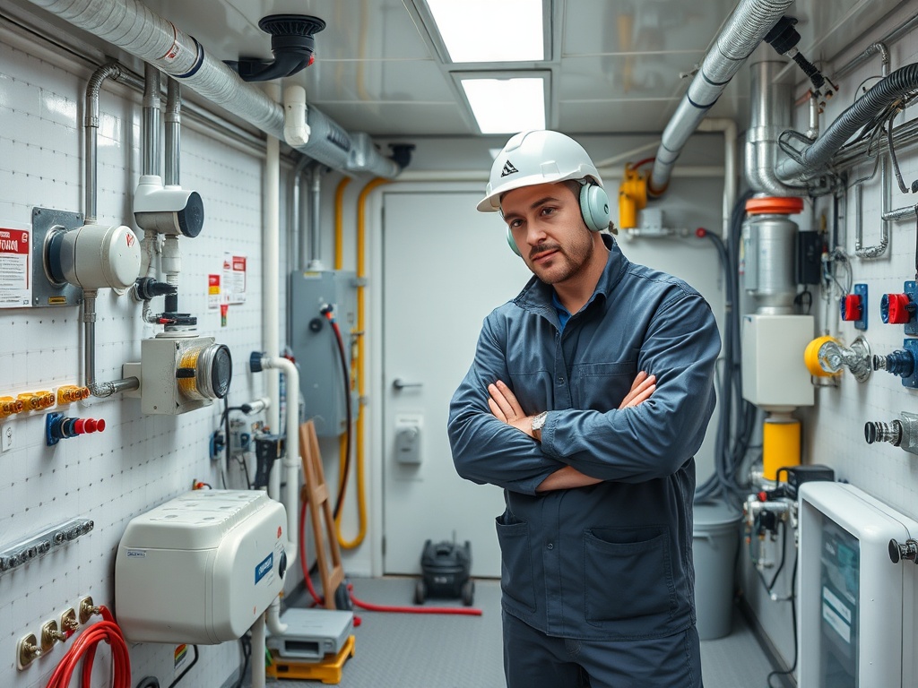 Рабочий в защитной каске и наушниках, стоящий в помещении с трубами и оборудованием.
