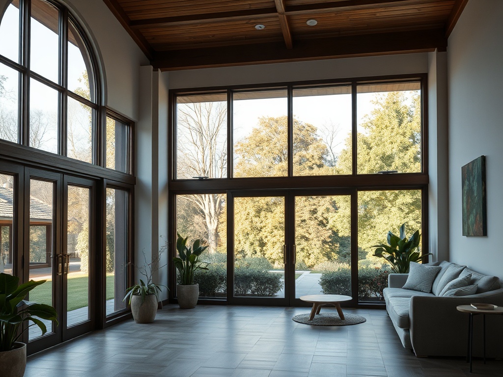 Современный интерьер с большими окнами, серым диваном и зелеными растениями на фоне осеннего пейзажа.
