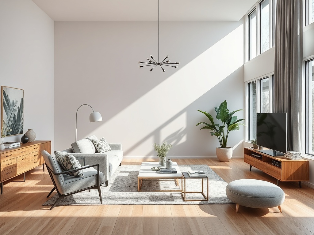 Современная гостиная с уютной мебелью, большим окном и зелеными растениями. Яркий свет и спокойная атмосфера.