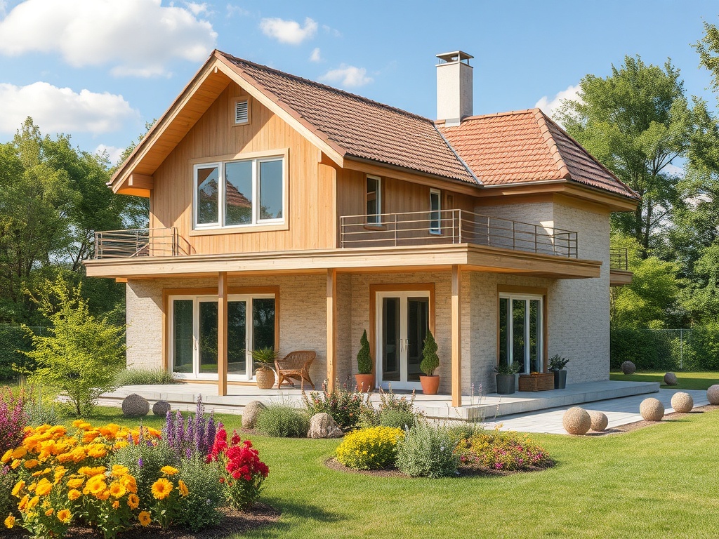 Современный дом с террасой, окружённый зеленью и цветами в саду, под голубым небом.