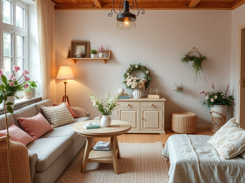 Уютная гостиная с диваном, кофейным столиком, растениями и декоративными элементами на стенах.