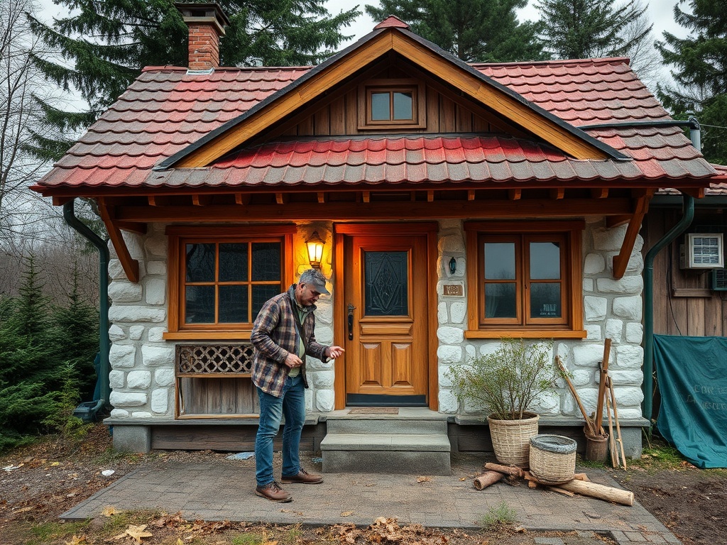 На переднем плане человек с телефоном возле загородного дома с деревянными и каменными элементами.