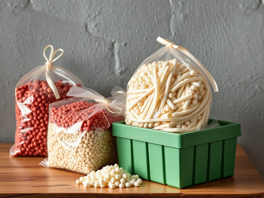 На изображении пакеты с красными и белыми сладостями, а также зеленая коробка с белыми конфетами.