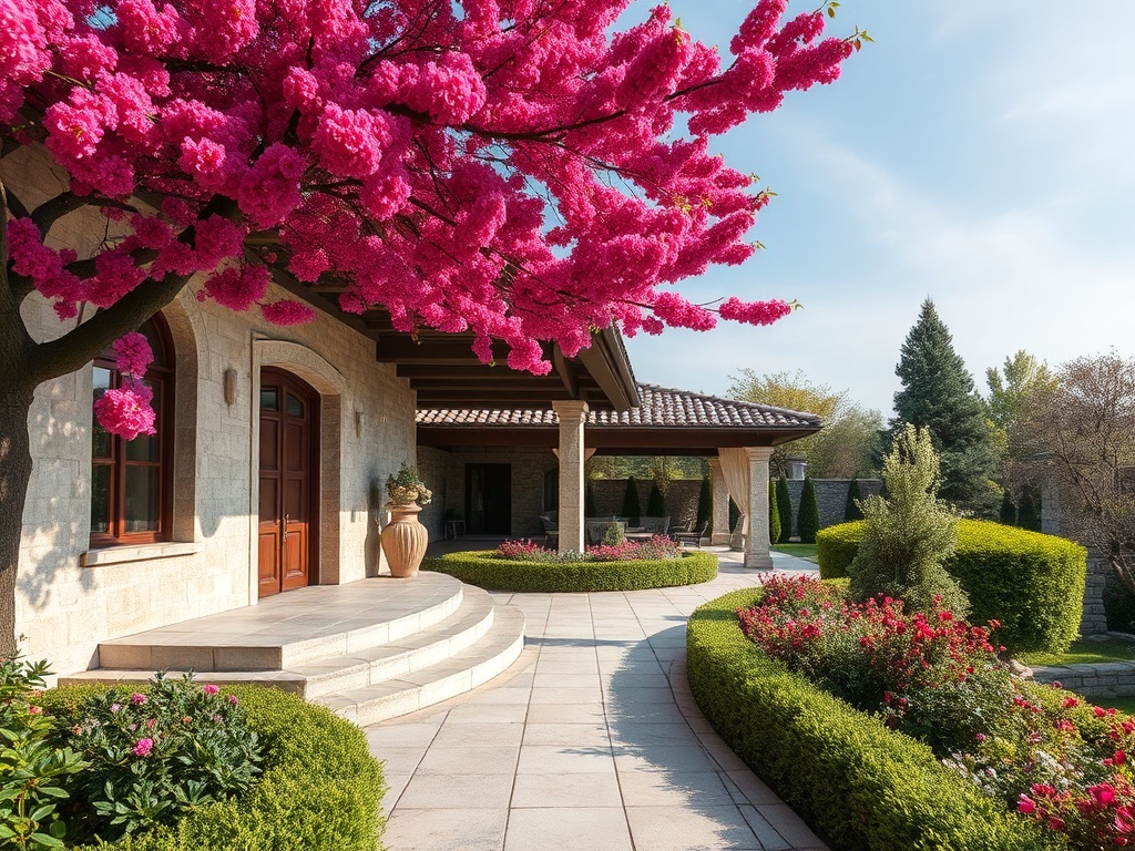 Красивая вилла с ухоженным садом и цветущим деревом, окружённая зелеными кустами и цветами.