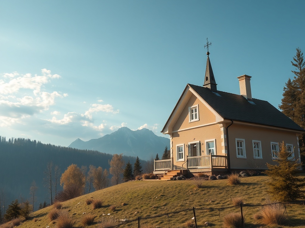 На картине изображен уютный дом на холме с горами на заднем плане и ясным небом.