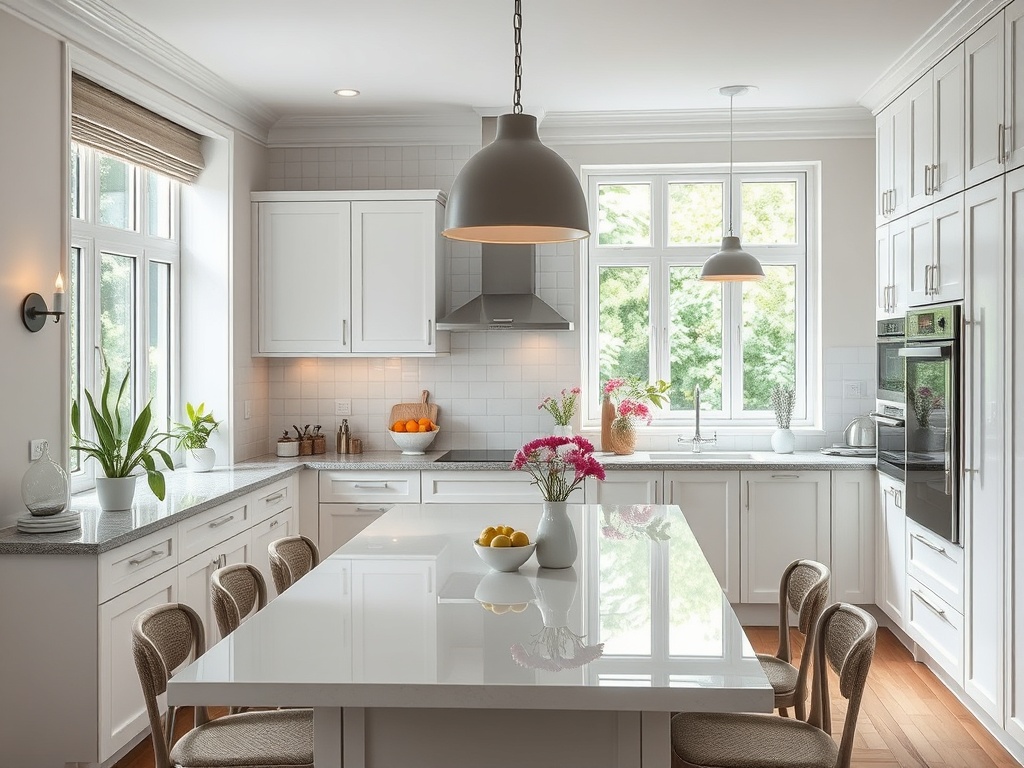 Современная кухня с белыми шкафами, гранитной столешницей и большим окном, оформленная цветами и фруктами.